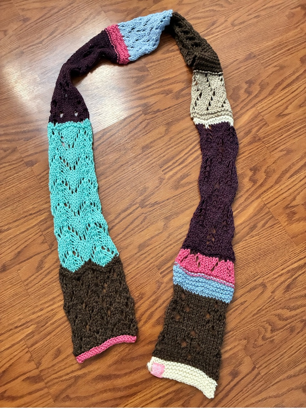 “Through Thick and Thin” artisan knit lace openwork sampler scarf in 100% wool